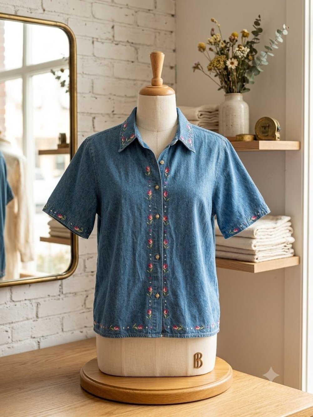 Vintage Bill Blass Woman Jeans Embroidered Denim Shirt 1X Short Sleeve Button Up